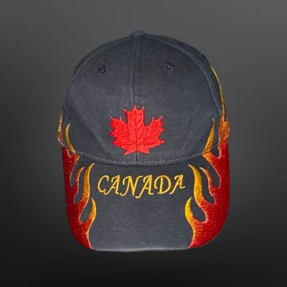 Vintage Inetol 1990s Red Flame Canadian Maple Leaf Black Trucker Adjustable Hat - Picture 10 of 10
